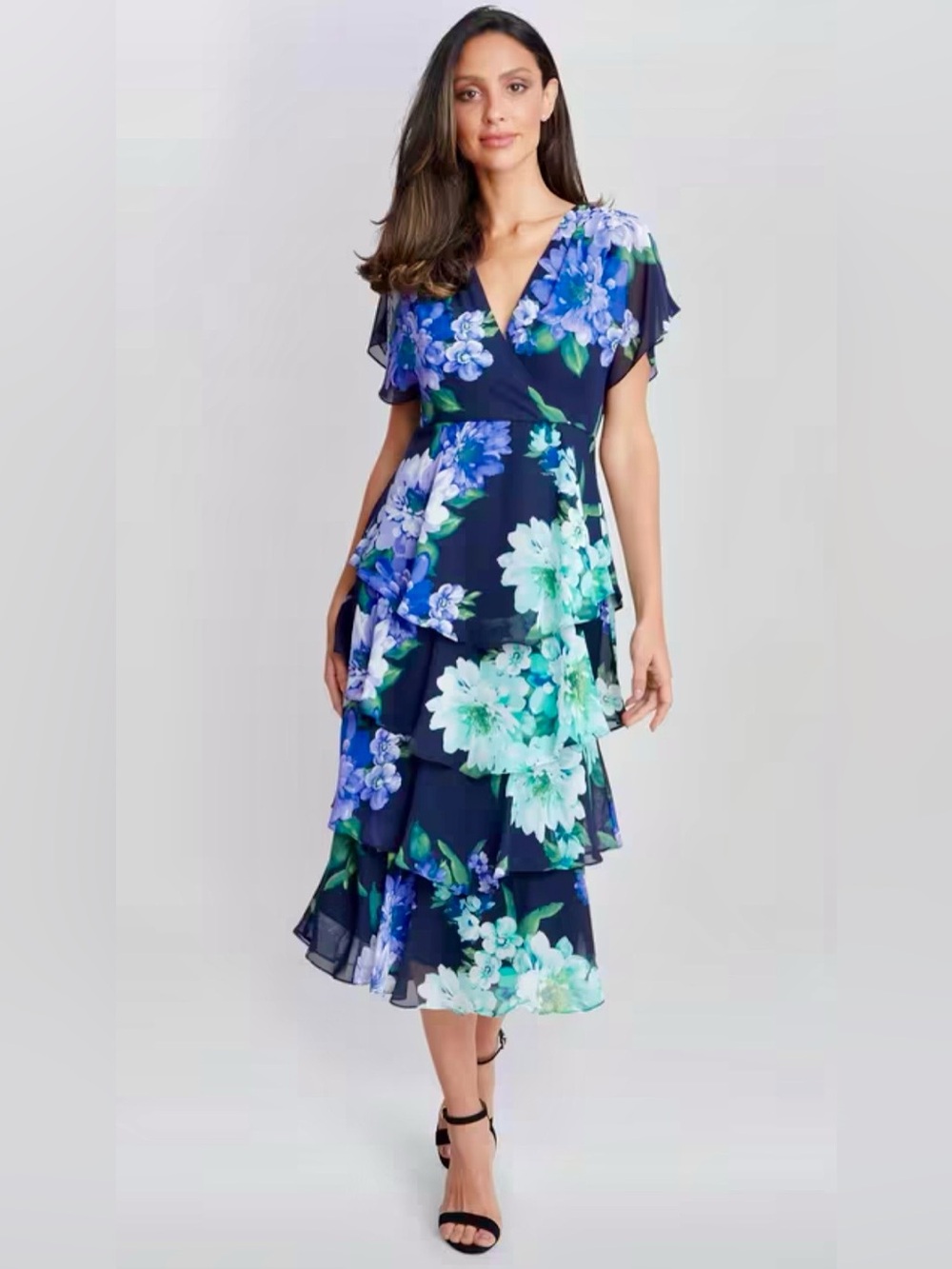 SLNY Floral Print Tiered Chiffon Midi Ruffle Dress Navy Multi Size 8